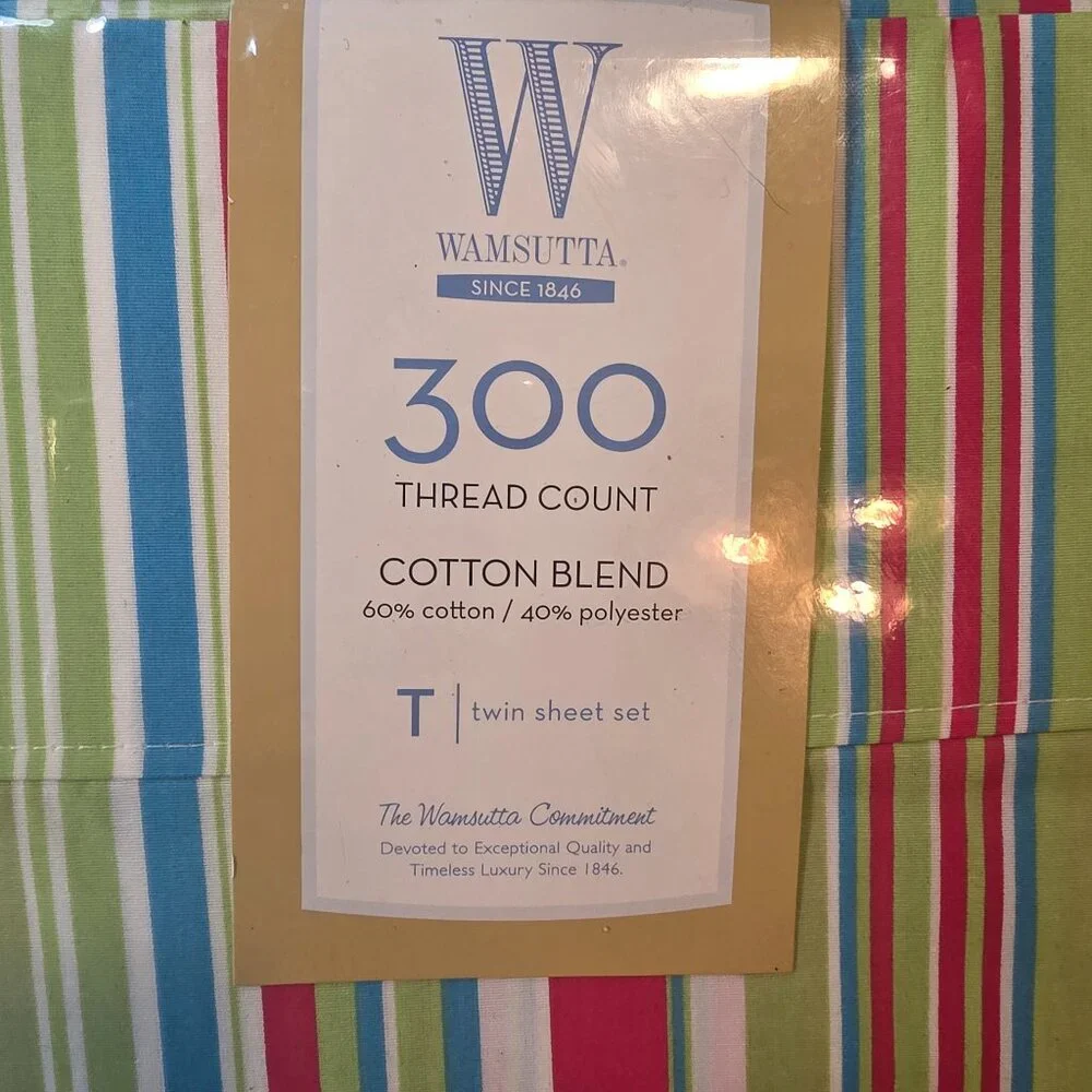 3 Piece 300 Count Twin Wamsutta Sheet Set 60/40 Striped Flat Fitted & Pillowcase